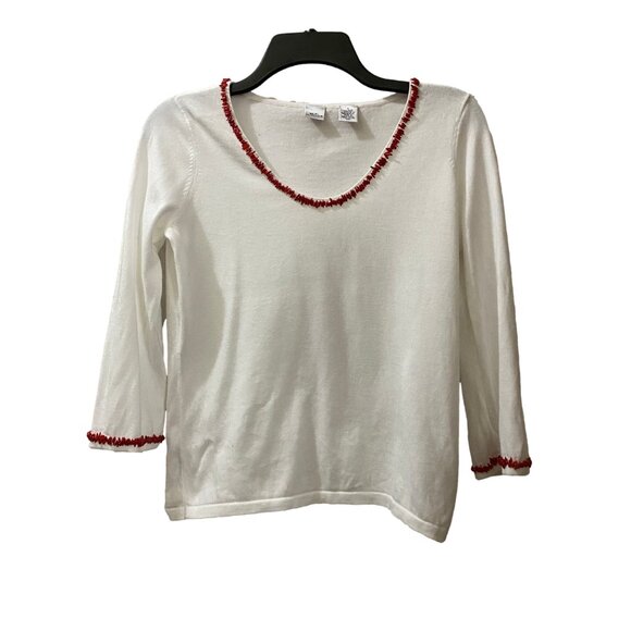 90s Y2K Vintage REAL CLOTHES Saks Fifth Ave White Pima Cotton Coral Beaded Top S - Picture 1 of 14